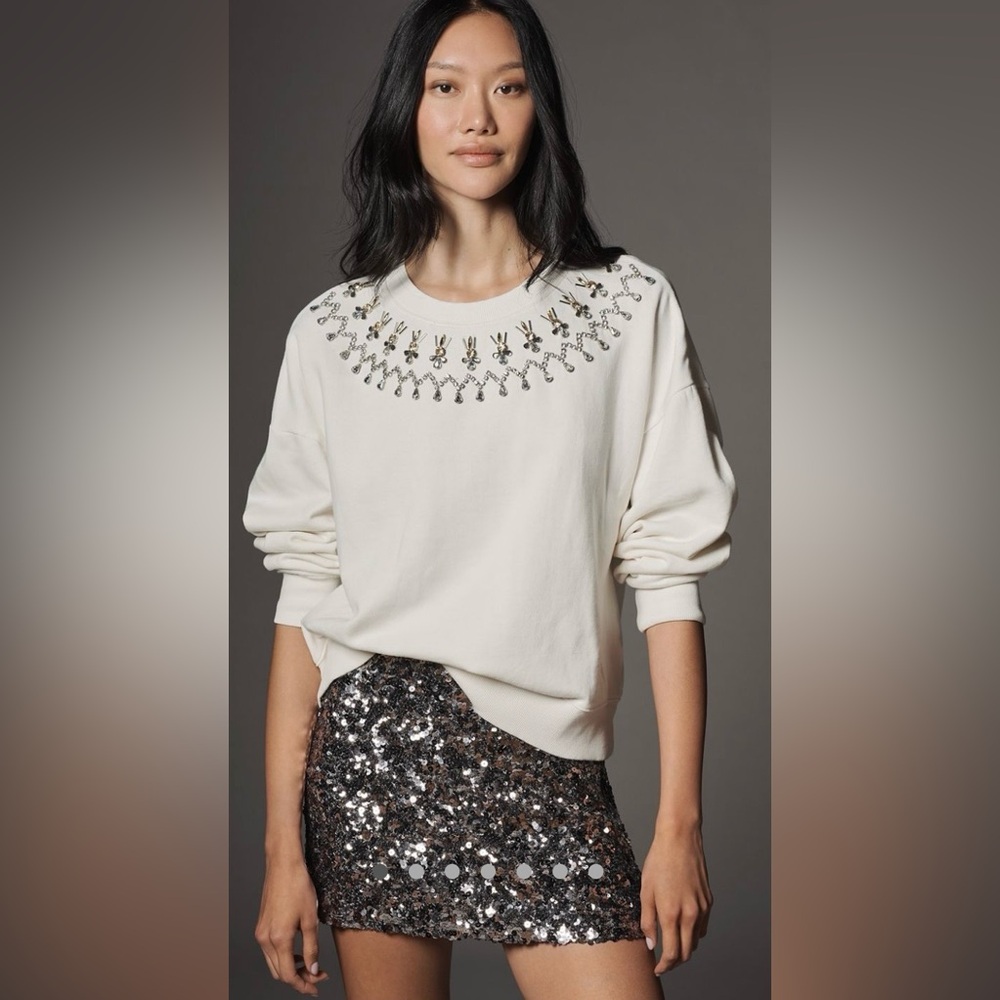 Anthropologie Embellished Motif French Terry Crew Neck Sweatshirt NWT L Cream